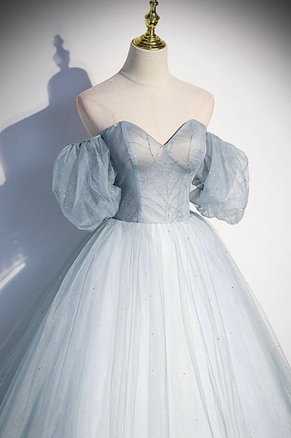 Blue Tulle Long A-Line Ball Gown, Off the Shoulder Formal Evening Dress