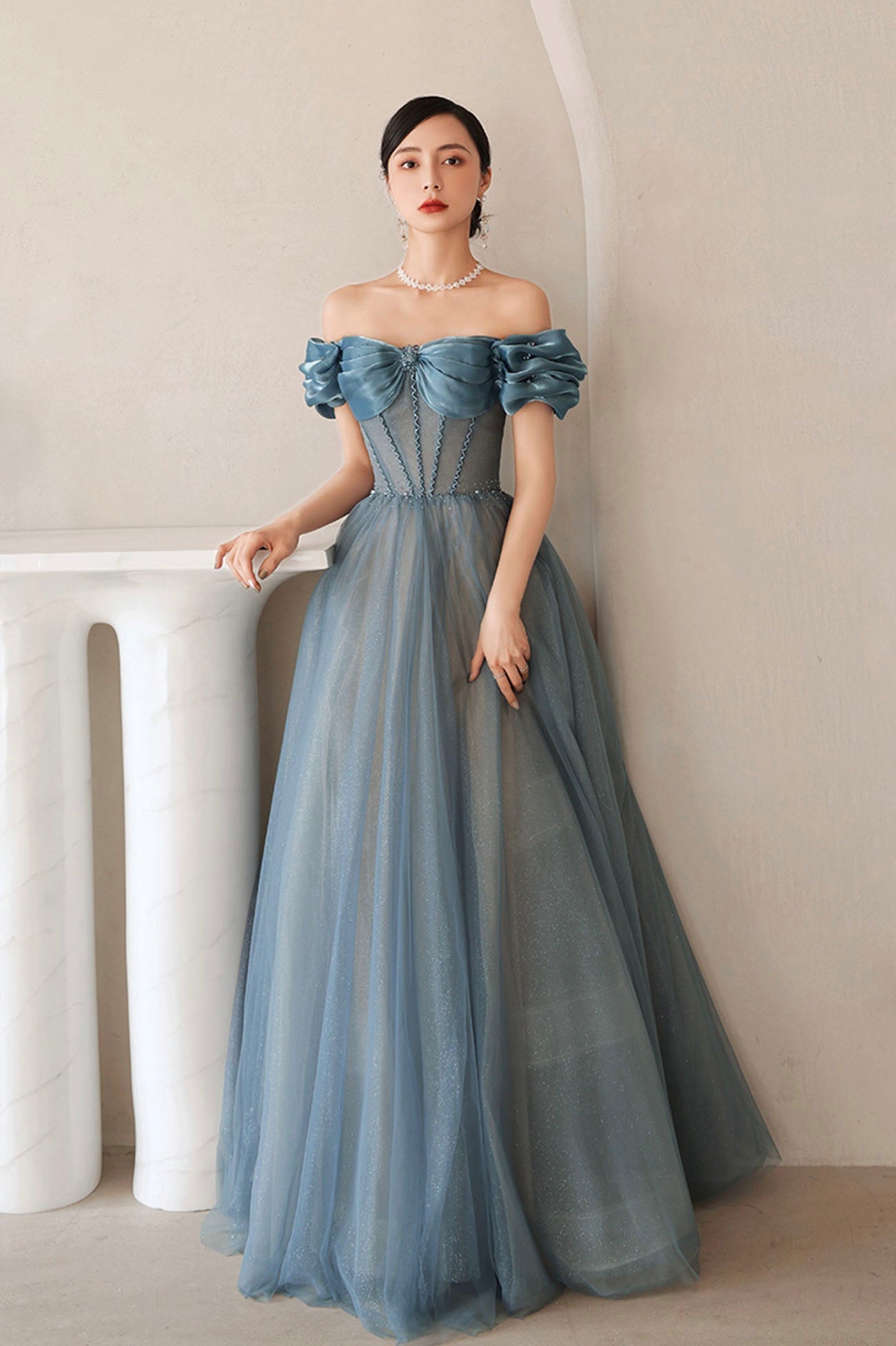 Blue Tulle Long A-Line Prom Dress, Elegant Off the Shoulder Formal Evening Dress