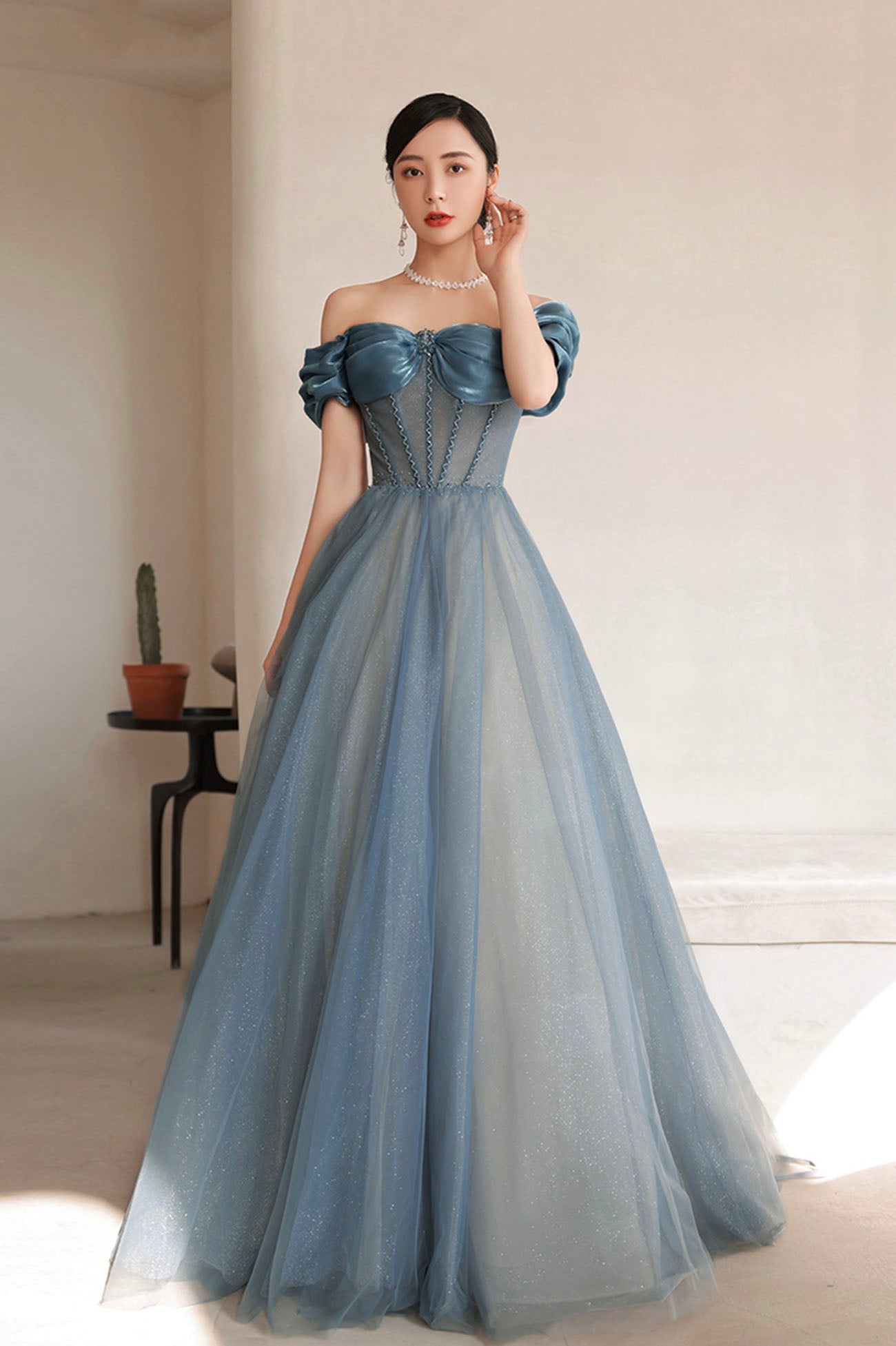 Blue Tulle Long A-Line Prom Dress, Elegant Off the Shoulder Formal Evening Dress