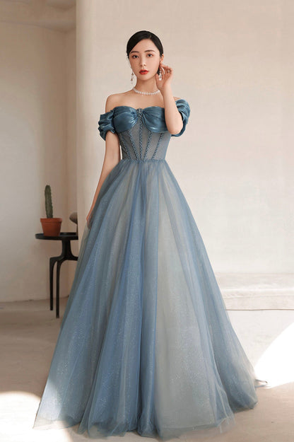 Blue Tulle Long A-Line Prom Dress, Elegant Off the Shoulder Formal Evening Dress
