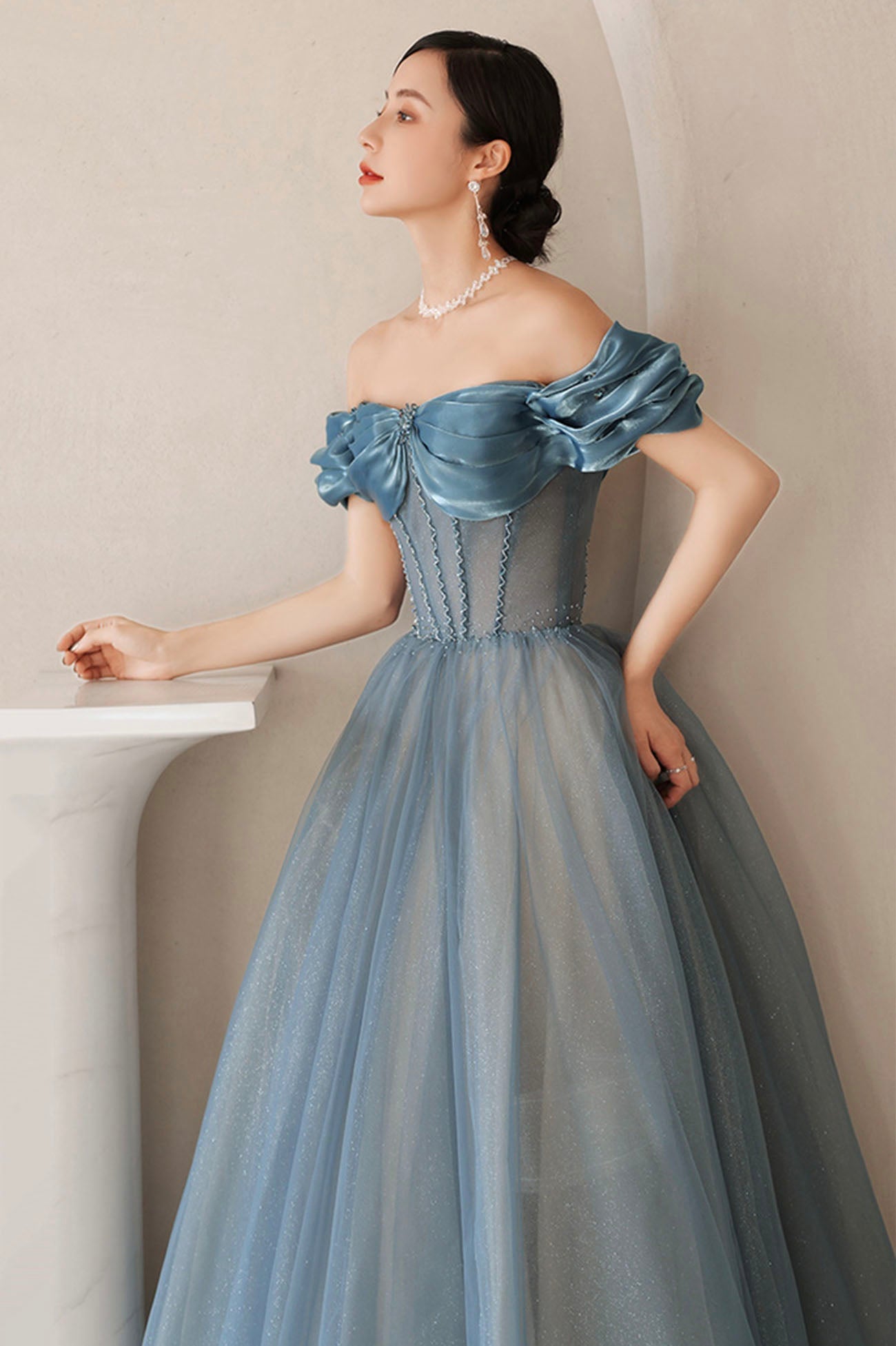 Blue Tulle Long A-Line Prom Dress, Elegant Off the Shoulder Formal Evening Dress