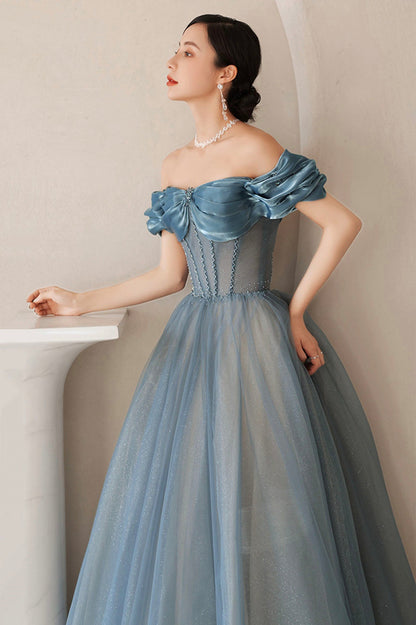 Blue Tulle Long A-Line Prom Dress, Elegant Off the Shoulder Formal Evening Dress