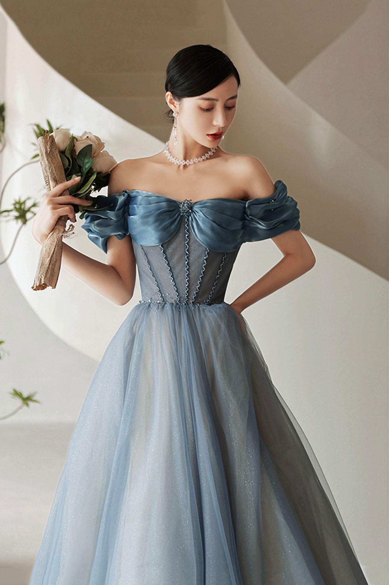 Blue Tulle Long A-Line Prom Dress, Elegant Off the Shoulder Formal Evening Dress