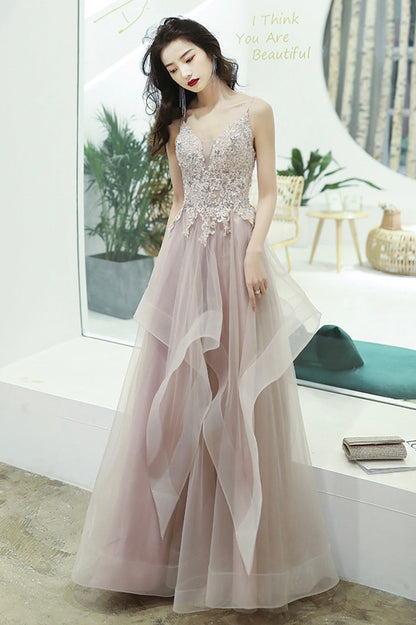 Pink Lace Long A-Line Prom Dress, Pink Spaghetti Straps Evening Dress