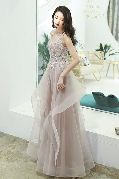 Pink Lace Long A-Line Prom Dress, Pink Spaghetti Straps Evening Dress