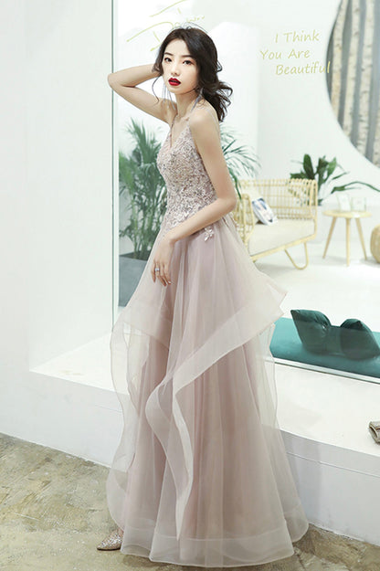 Pink Lace Long A-Line Prom Dress, Pink Spaghetti Straps Evening Dress