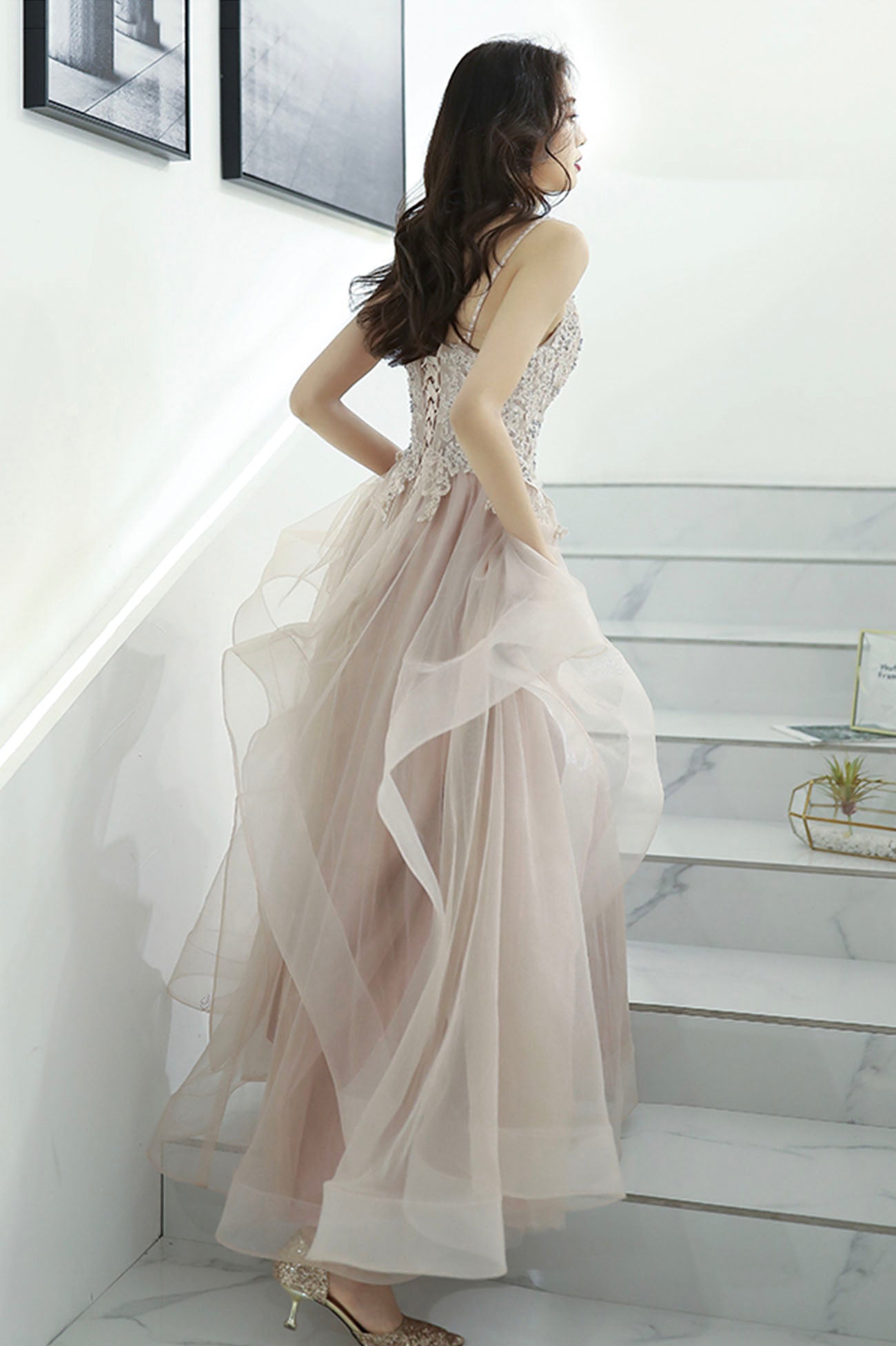 Pink Lace Long A-Line Prom Dress, Pink Spaghetti Straps Evening Dress