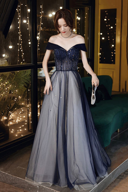 Blue Tulle Off the Shoulder Prom Dress, A-Line Evening Graduation Dress