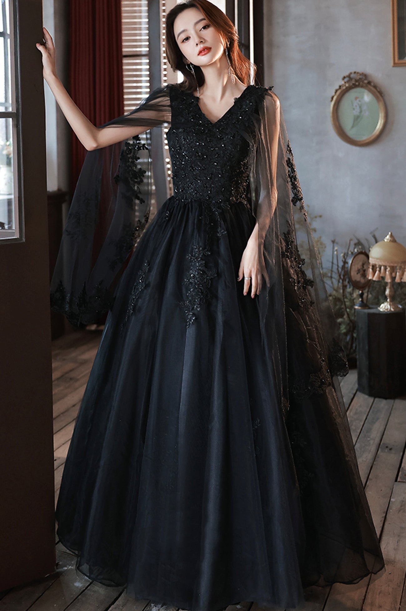 Black V-Neck Lace Long Prom Dress, Black A-Line Evening Party Dress