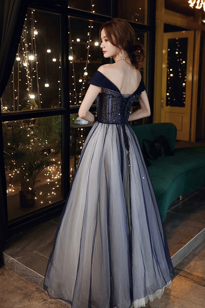 Blue Tulle Off the Shoulder Prom Dress, A-Line Evening Graduation Dress