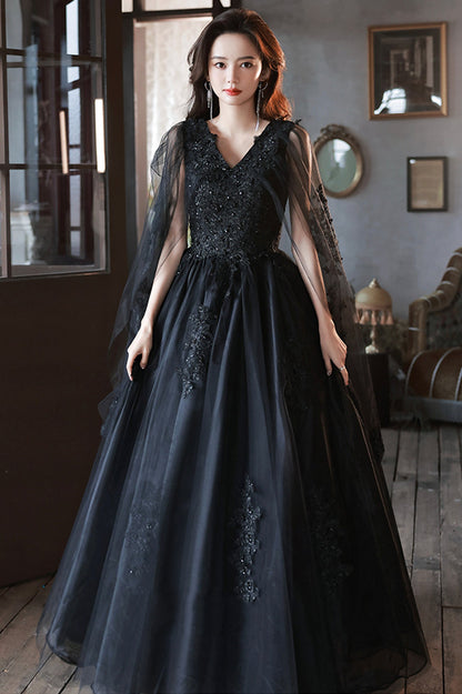 Black V-Neck Lace Long Prom Dress, Black A-Line Evening Party Dress