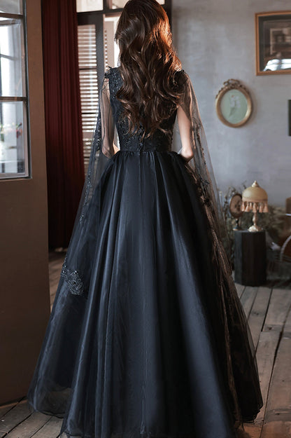 Black V-Neck Lace Long Prom Dress, Black A-Line Evening Party Dress