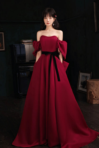 Burgundy Satin Long A-Line Prom Dress, Burgundy Off the Shoulder Evening Dress