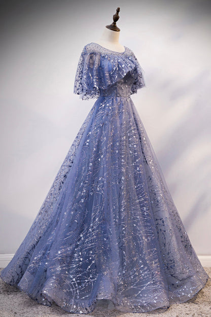 Blue Scoop Neckline Tulle Long Prom Dress, Shiny A-Line Formal Evening Dress