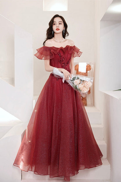 Burgundy Lace Long A-Line Prom Dress, Off the Shoulder Evening Party Dress