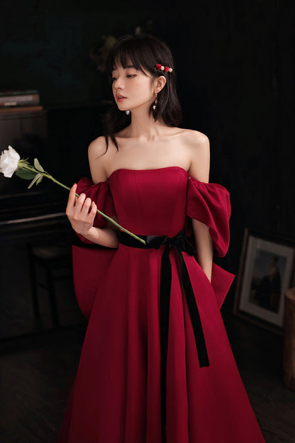 Burgundy Satin Long A-Line Prom Dress, Burgundy Off the Shoulder Evening Dress
