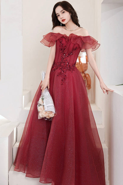 Burgundy Lace Long A-Line Prom Dress, Off the Shoulder Evening Party Dress