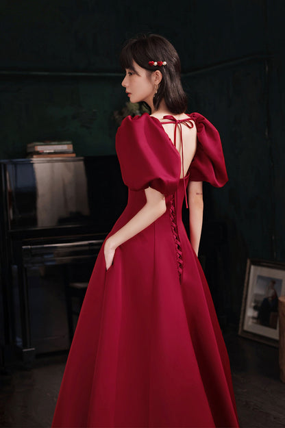 Burgundy Satin Long A-Line Prom Dress, Burgundy Off the Shoulder Evening Dress