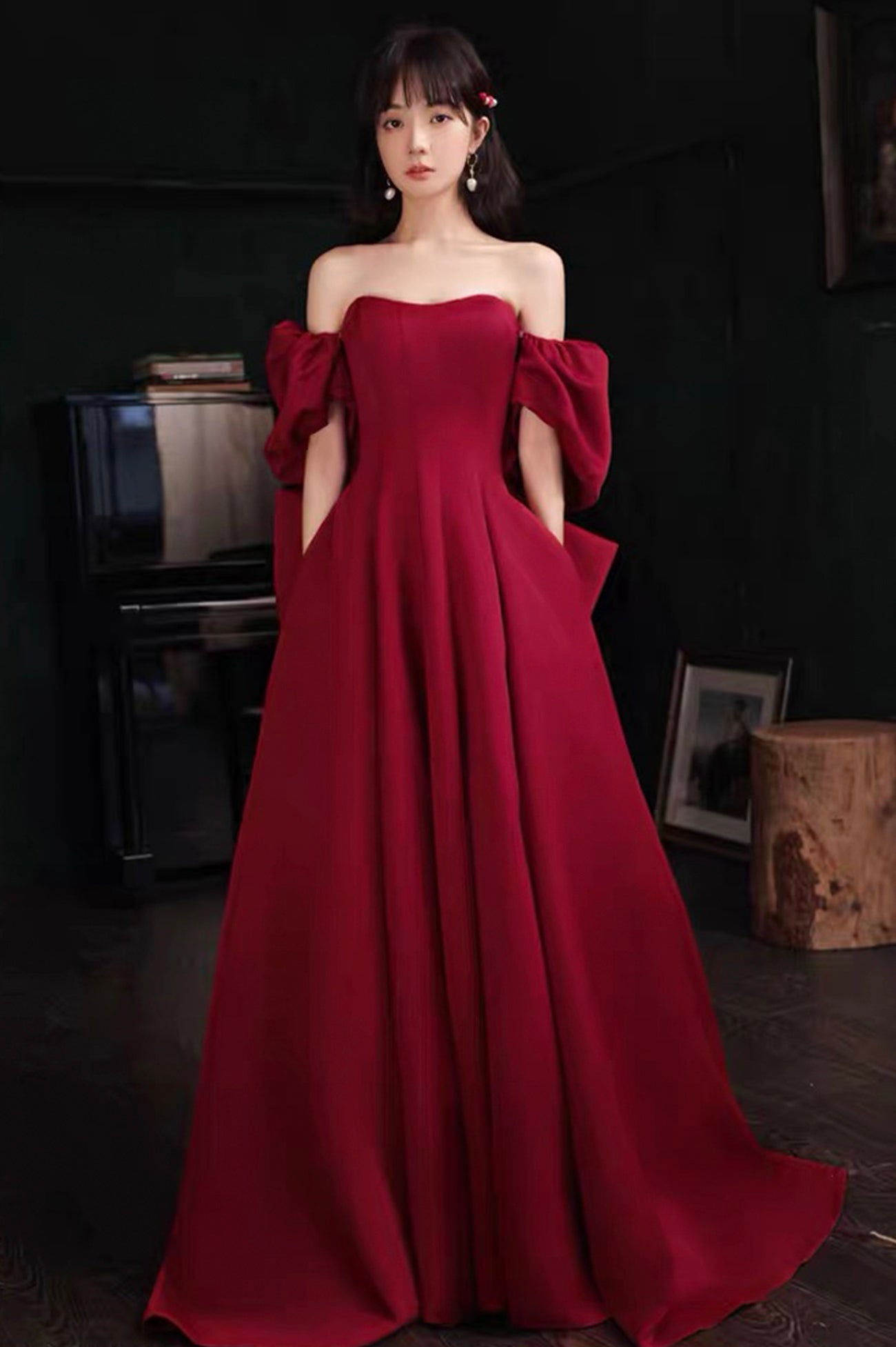 Burgundy Satin Long A-Line Prom Dress, Burgundy Off the Shoulder Evening Dress