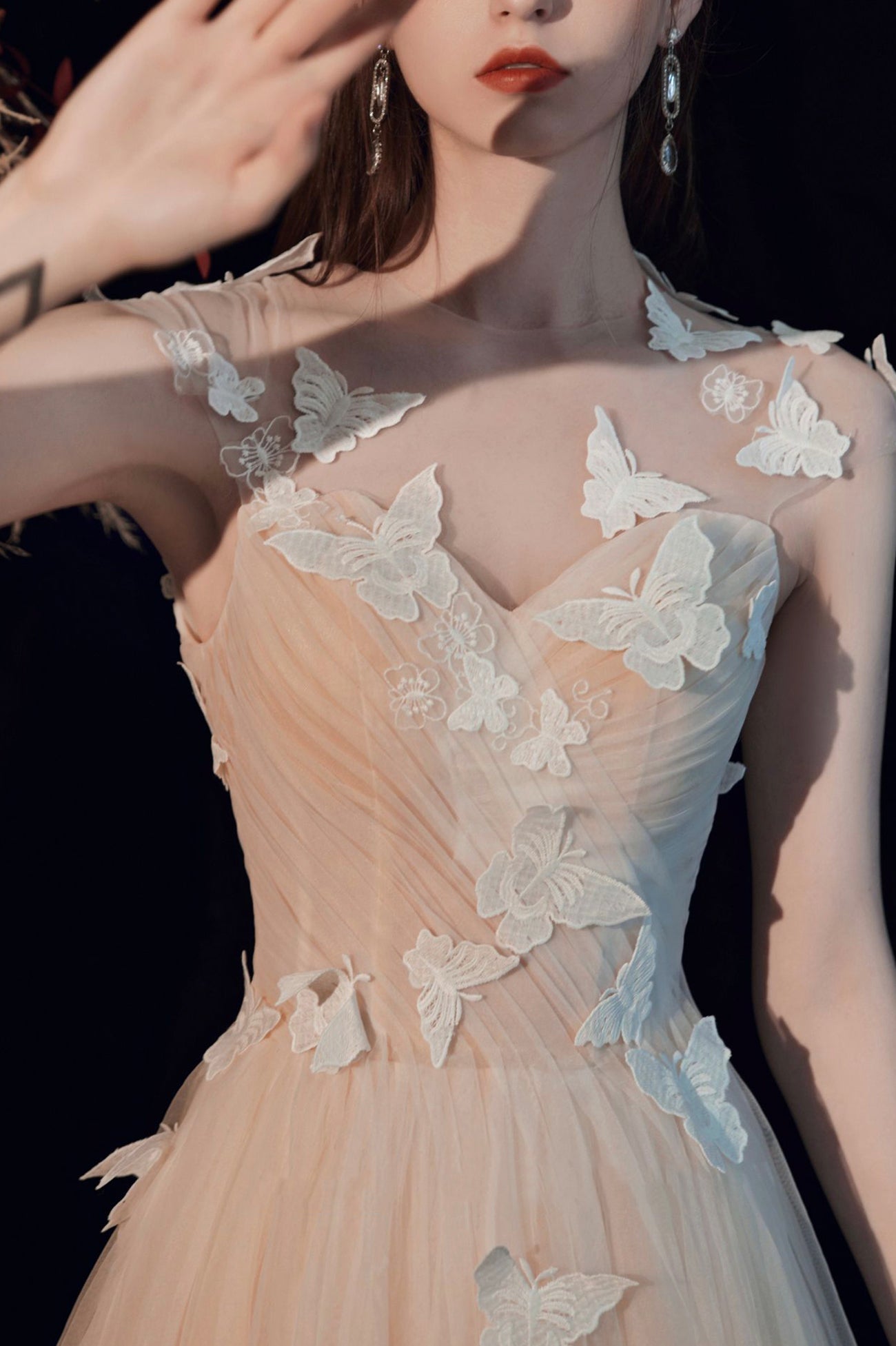 Champagne Tulle Long Prom Dress with Butterfly, A-Line Evening Party Dress