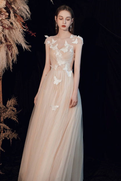 Champagne Tulle Long Prom Dress with Butterfly, A-Line Evening Party Dress