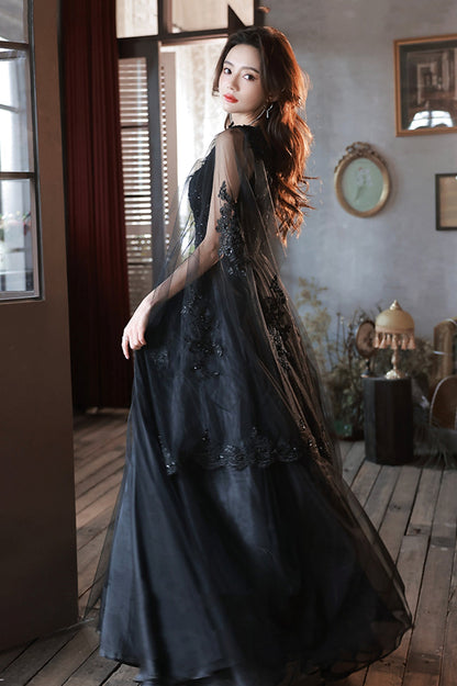 Black V-Neck Lace Long Prom Dress, Black A-Line Evening Party Dress