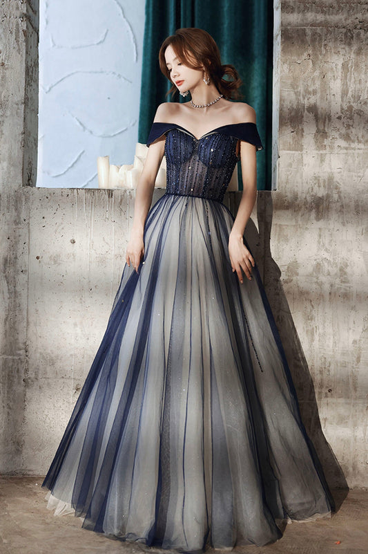 Blue Tulle Off the Shoulder Prom Dress, A-Line Evening Graduation Dress