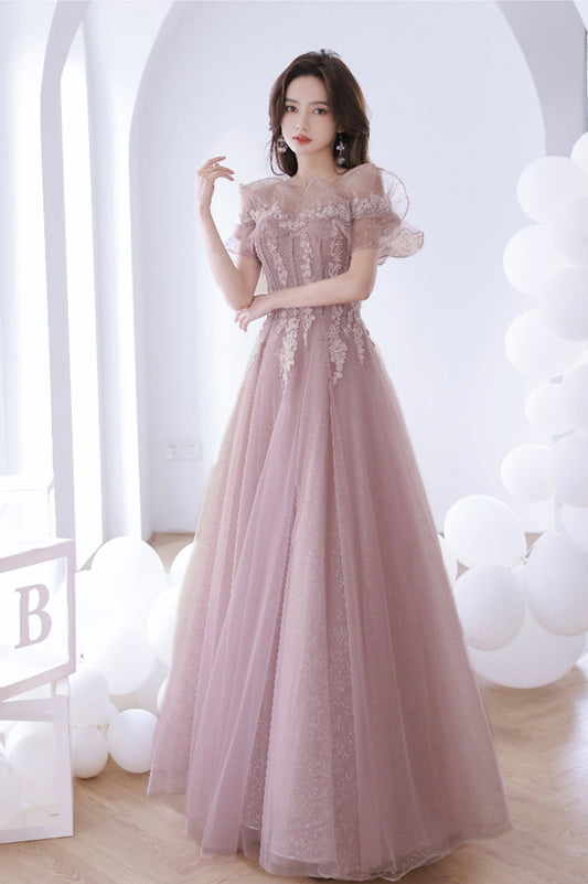 Pink Lace Off the Shoulder Prom Dress, Cute Pink Graduation Dress