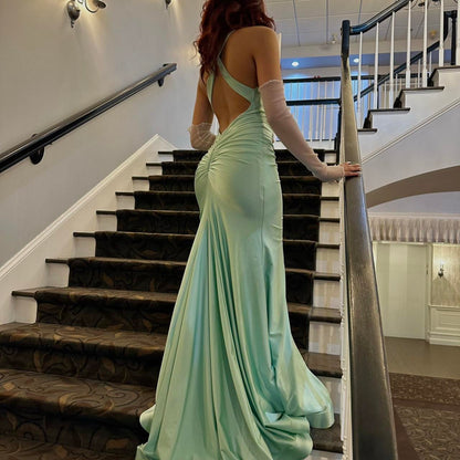 Pretty Mermaid Halter Satin Prom Dress Evening Dress Formal Dress SD2176