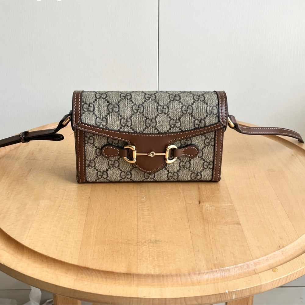 GUCCI HORSEBIT 1955 MINI BAG ‎BEIGE AND DARK BROWN GG SUPREME 18CM ‎699296 92TCG 8563