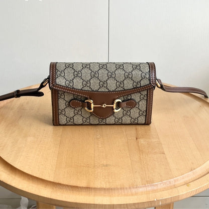 GUCCI HORSEBIT 1955 MINI BAG ‎BEIGE AND DARK BROWN GG SUPREME 18CM ‎699296 92TCG 8563