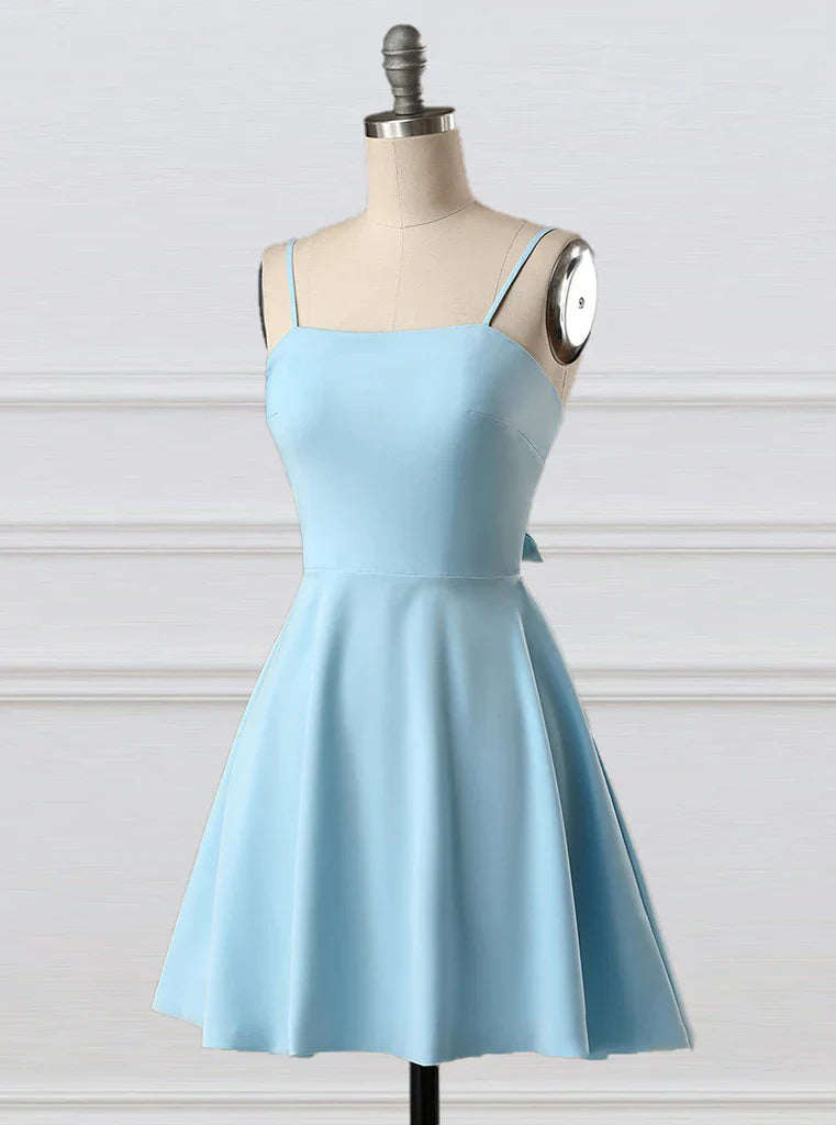 Blue fashion simple bow sleeveless short spaghetti strap A-line short satin mini homecoming dress evening gown gh808