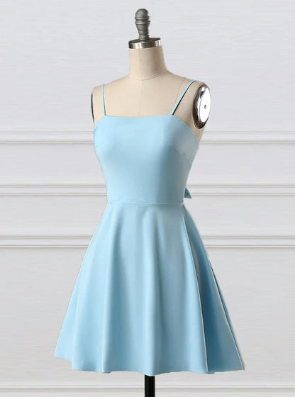 Blue fashion simple bow sleeveless short spaghetti strap A-line short satin mini homecoming dress evening gown gh808