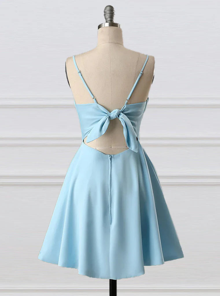Blue fashion simple bow sleeveless short spaghetti strap A-line short satin mini homecoming dress evening gown gh808