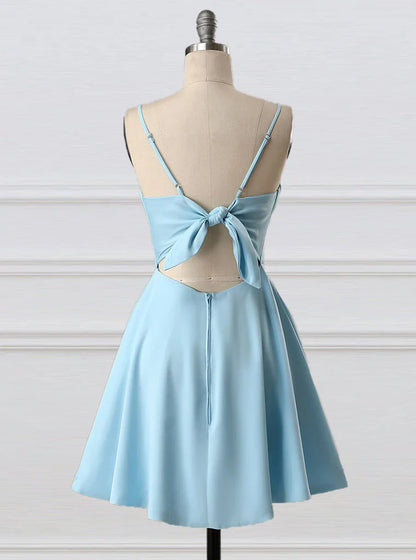 Blue fashion simple bow sleeveless short spaghetti strap A-line short satin mini homecoming dress evening gown gh808