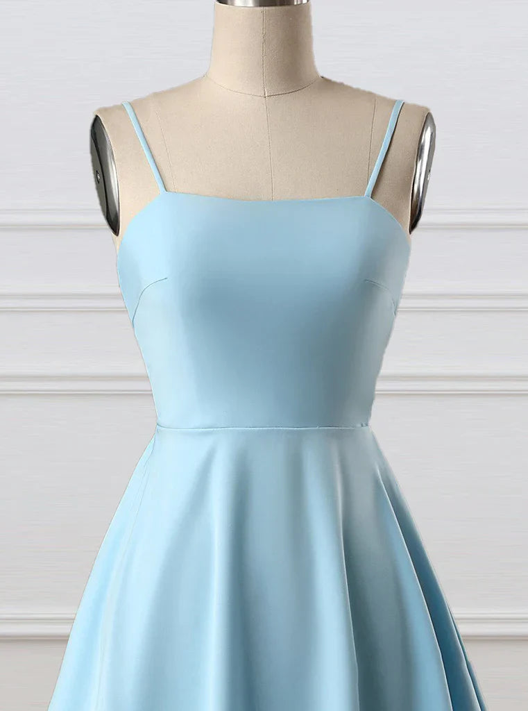 Blue fashion simple bow sleeveless short spaghetti strap A-line short satin mini homecoming dress evening gown gh808