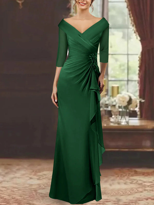 Sheath/Column V-Neck Half Sleeves Floor-Length Mother of the Bride Dresses with Ruffles & Appliques