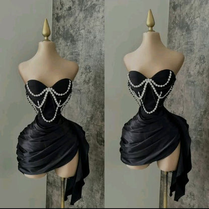 Black Beaded Short Satin Homecoming Dress Prom Dress Birthday Dress gh4931