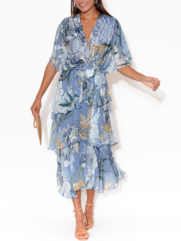 Comfortable Printed Tiered Chiffon Women's Dress