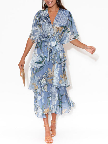 Comfortable Printed Tiered Chiffon Women's Dress