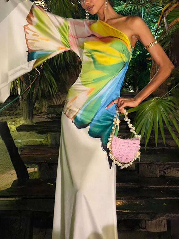 Asymmetric Flower Print Long Sleeves Loose One-shoulder Maxi Dress