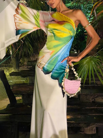 Asymmetric Flower Print Long Sleeves Loose One-shoulder Maxi Dress