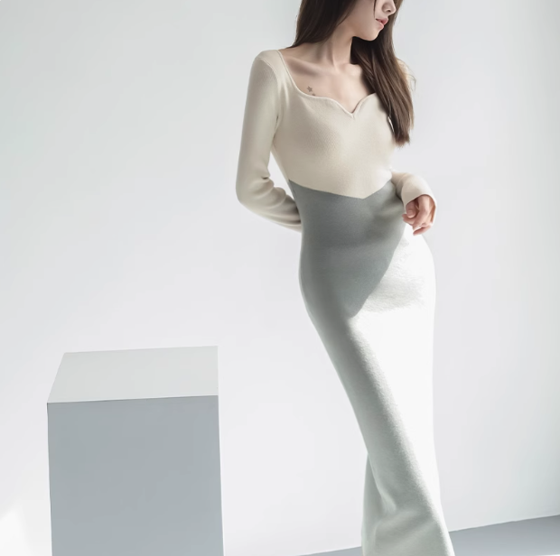 French panel knitted long sleeve dress ED0205