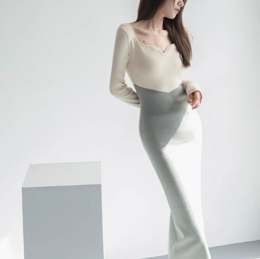 French panel knitted long sleeve dress ED0205