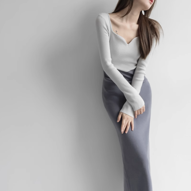 French panel knitted long sleeve dress ED0205