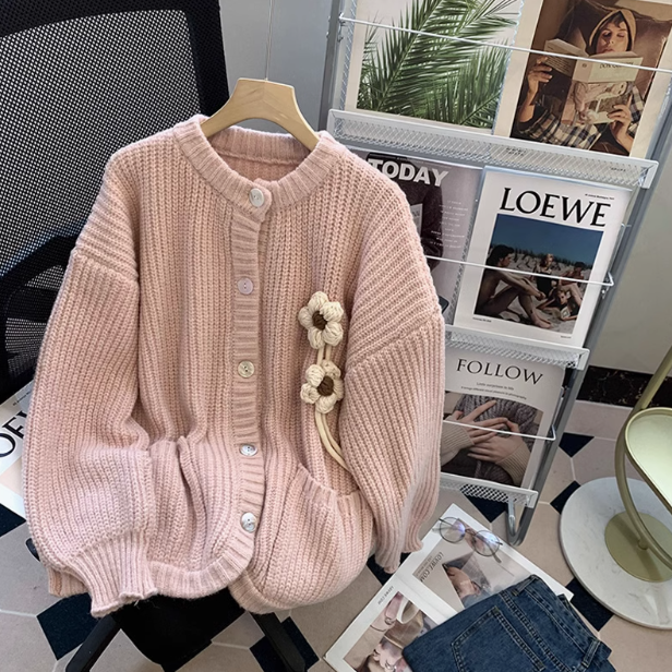 Retro Gentle Style Thick Round Neck Knitted Cardigan  ED0222