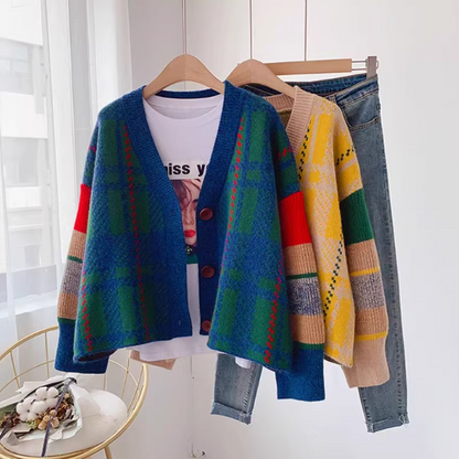 Japanese retro contrast color  V-neck Cardigan coat ED0271