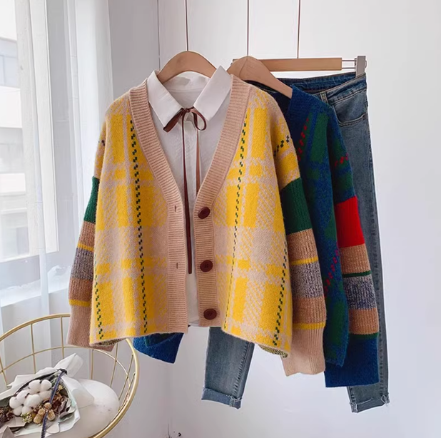 Japanese retro contrast color  V-neck Cardigan coat ED0271