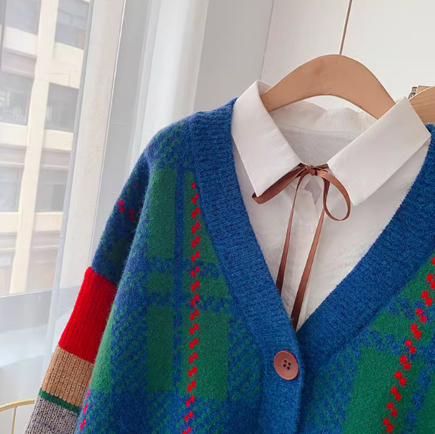 Japanese retro contrast color  V-neck Cardigan coat ED0271