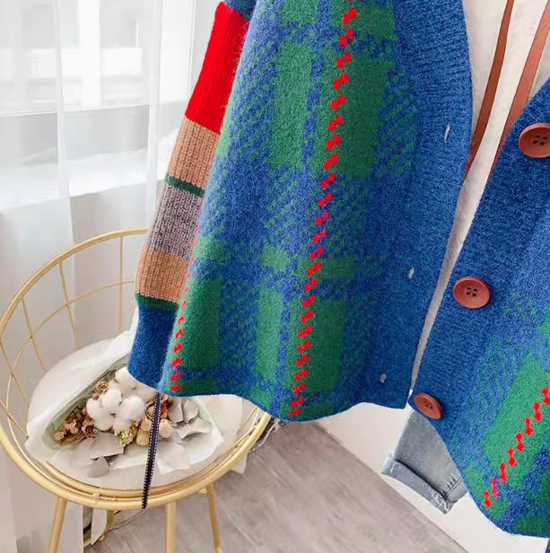 Japanese retro contrast color  V-neck Cardigan coat ED0271